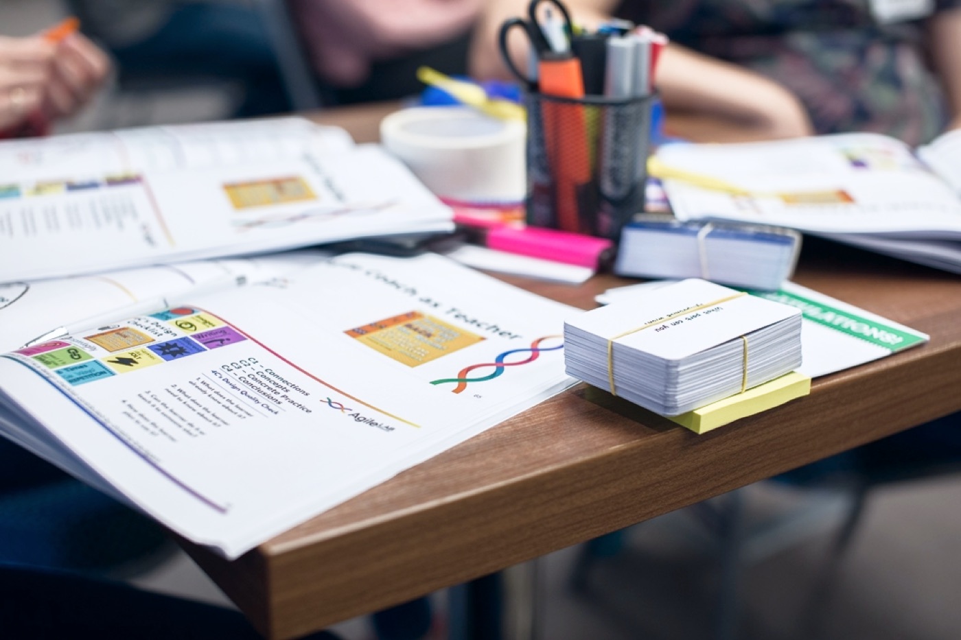 Coaching cards and worksheets on the table during Agile Coaching training